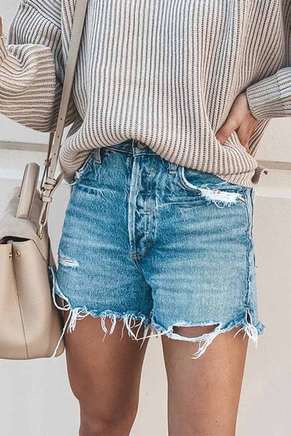 Vlovelaw Summer Loose Button Ripped Fringed Denim Shorts