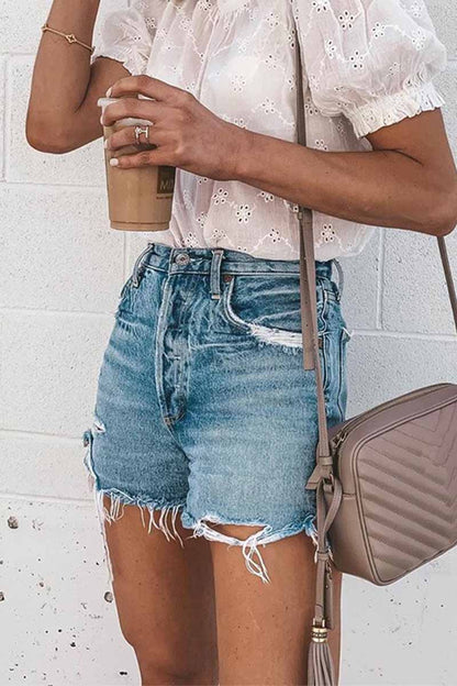 Vlovelaw Summer Loose Button Ripped Fringed Denim Shorts