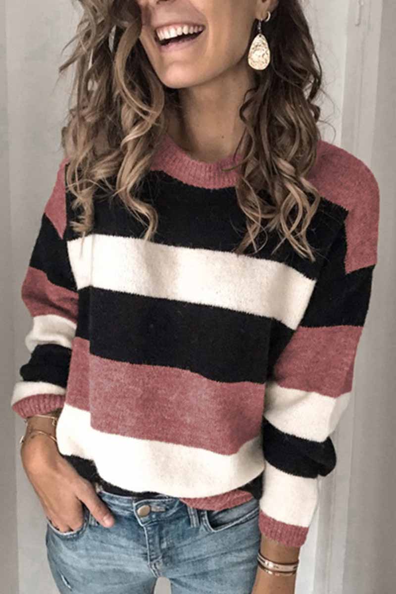 Vlovelaw Striped O-Neck Contrast Sweater(3 Colors)