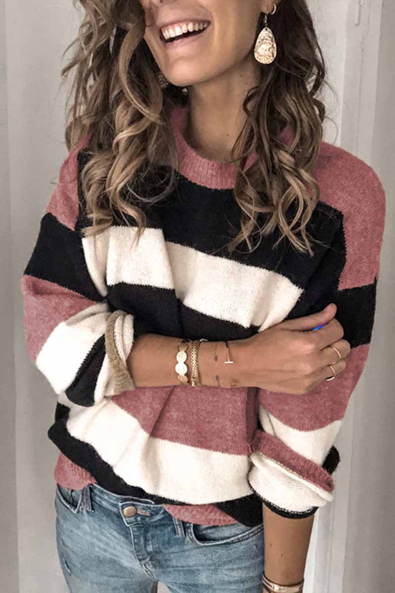 Vlovelaw Striped O-Neck Contrast Sweater(3 Colors)