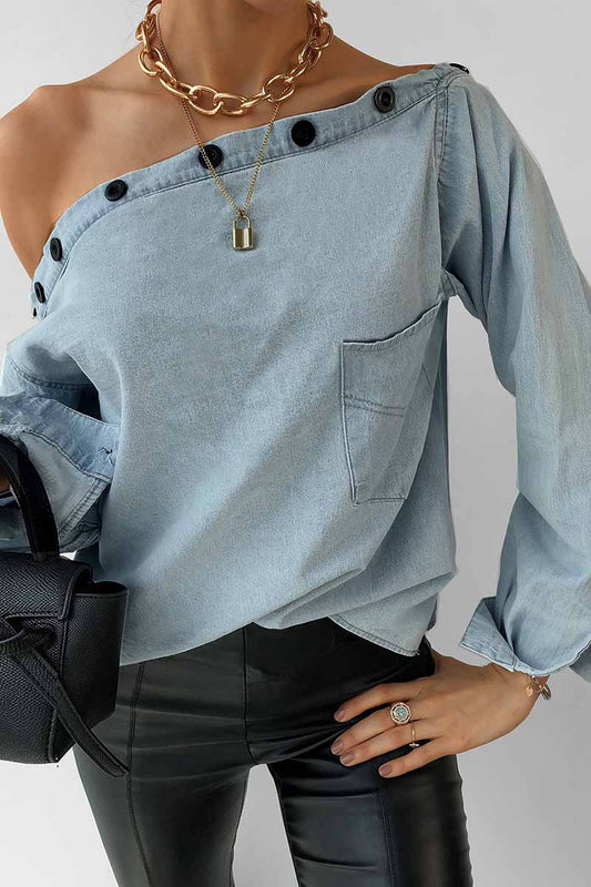 Vlovelaw Spring Button-Neck Off-Shoulder Long-Sleeved Denim Shirt