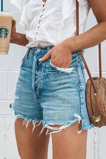 Vlovelaw Summer Loose Button Ripped Fringed Denim Shorts