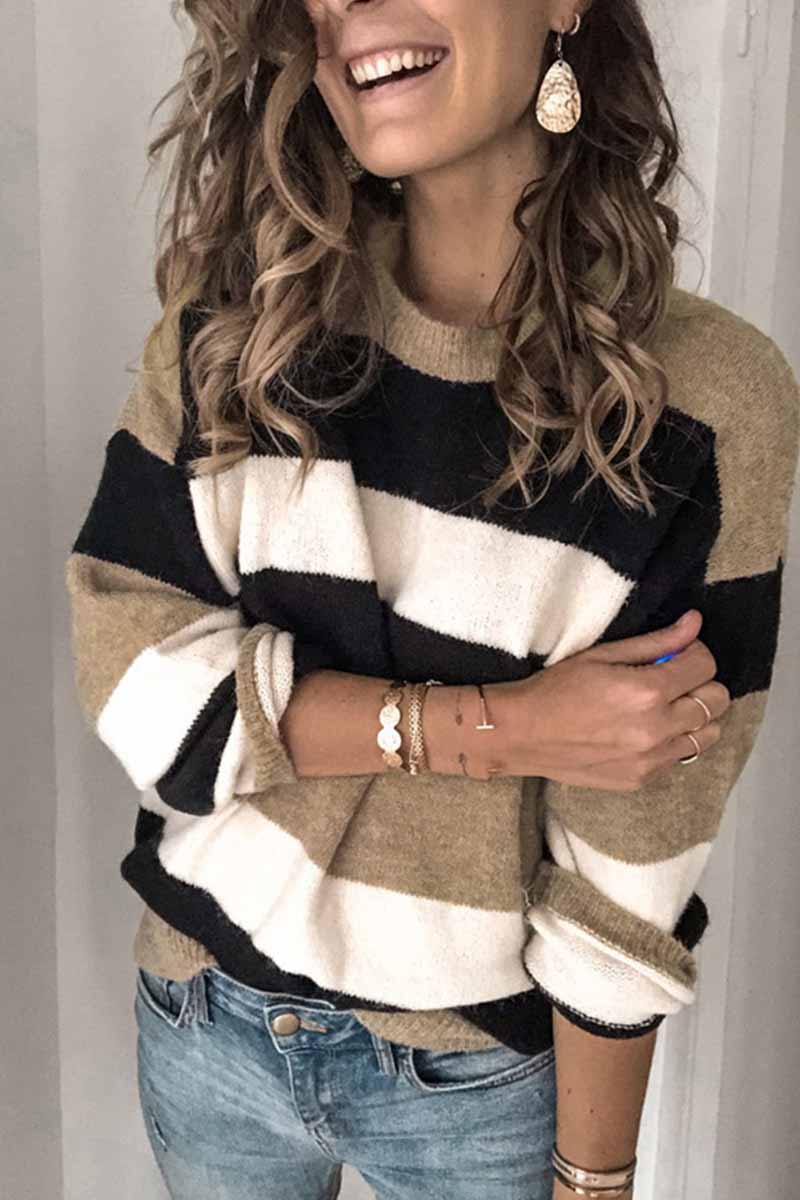 Vlovelaw Striped O-Neck Contrast Sweater(3 Colors)